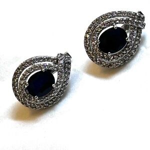 Elegant 925 Silver Dark Blue Sapphire & Diamonds Teardrop Earrings Fine Jewelry